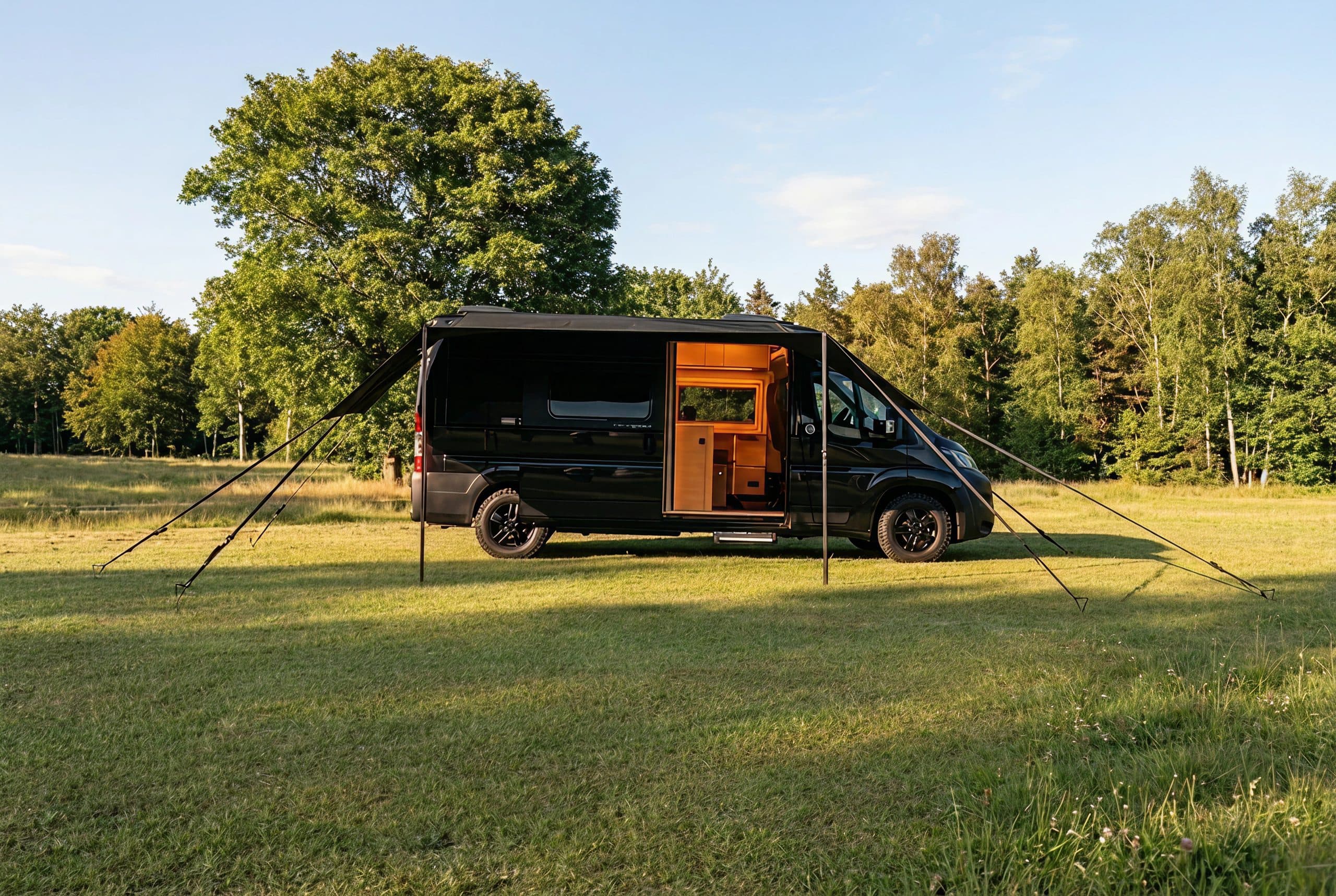 NordicStealth awning deployed beside van in forest evening light