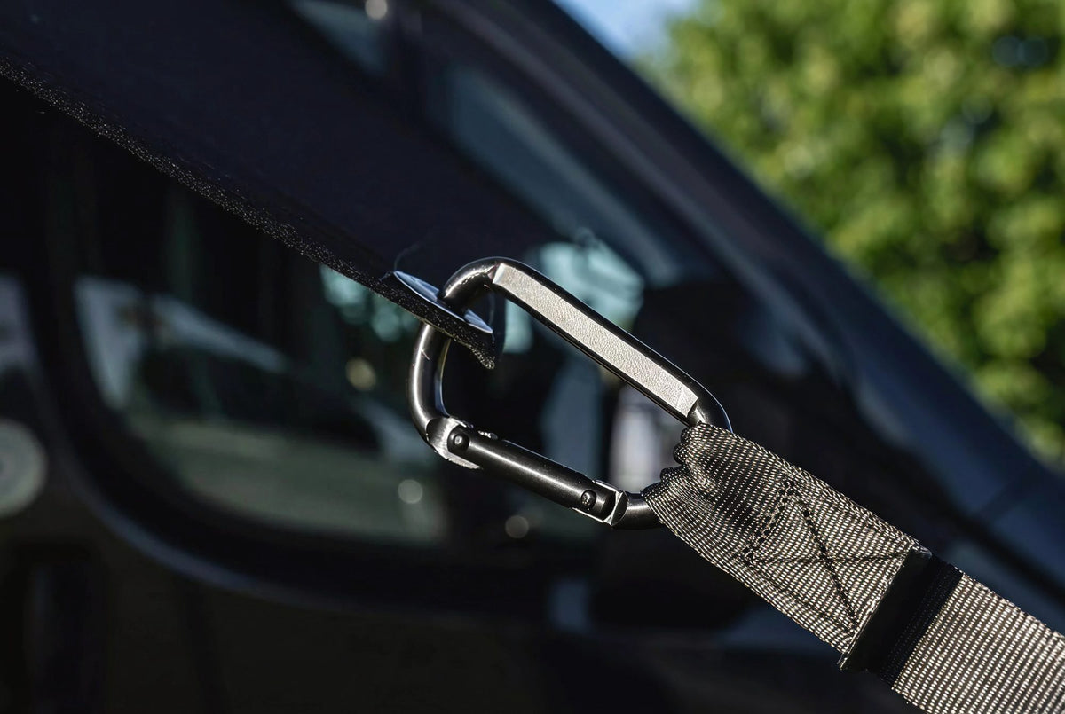 The carabiner with the strap, clipped into the sail's reinforced eyelet