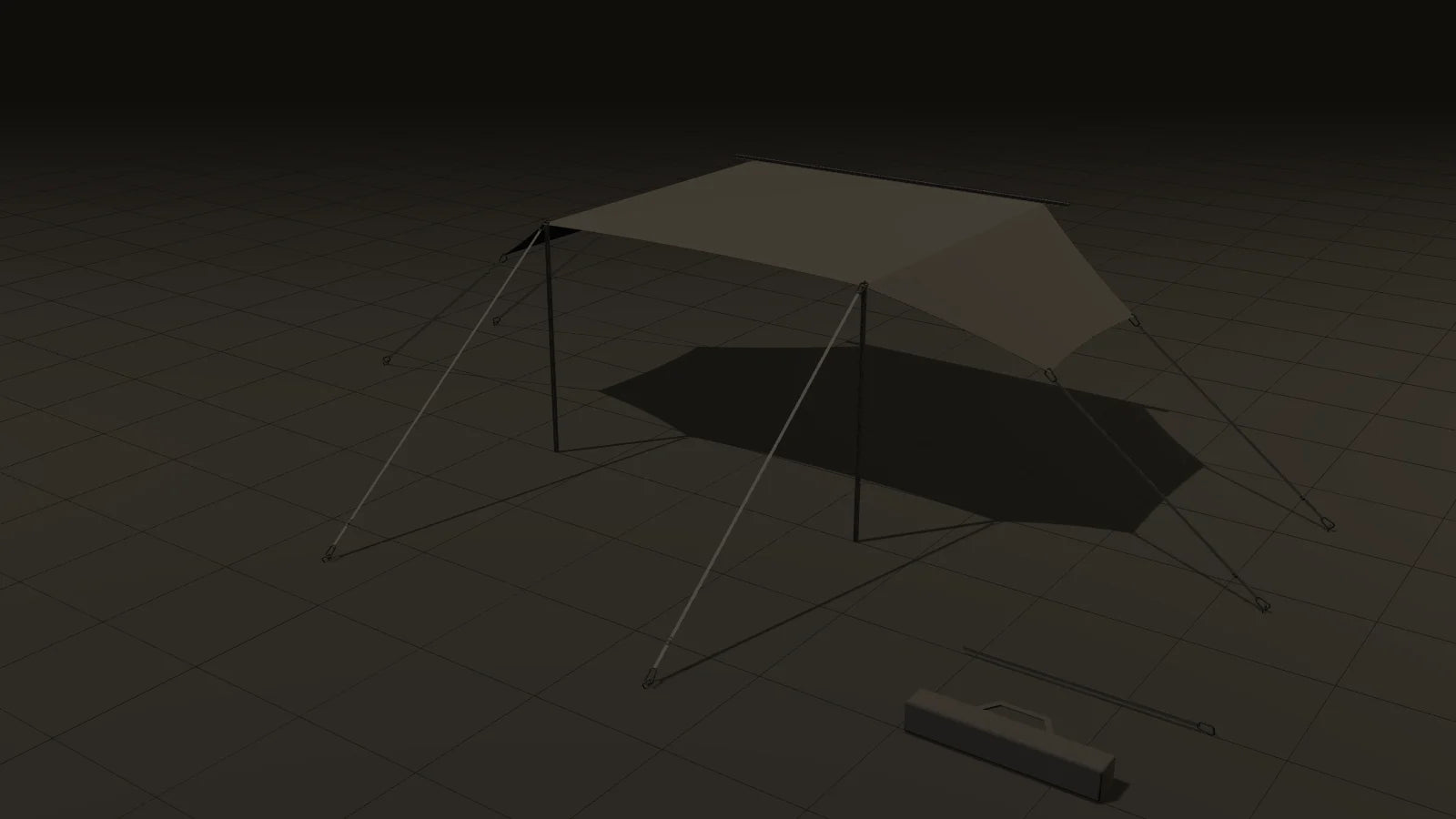 Rotatable 3D model of the whole kit: the rail, the sail, two support poles, six storm straps, the pulley strap, six ground anchors and the bag.