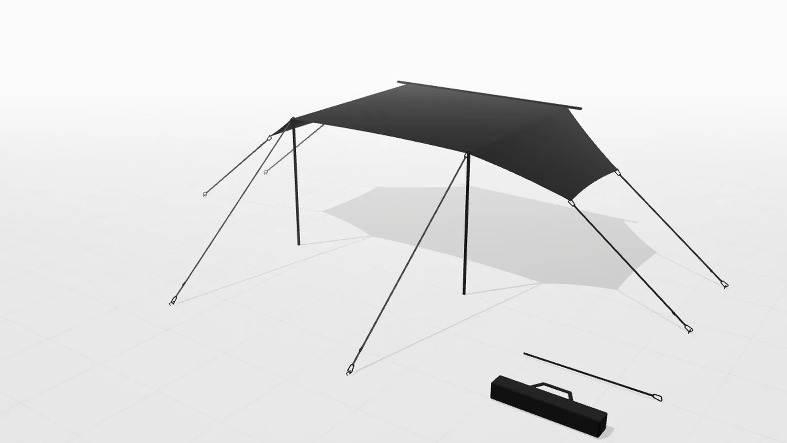 Rotatable 3D model of the whole kit: the rail, the sail, two support poles, six storm straps, the pulley strap, six ground anchors and the bag.